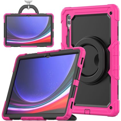 Mobigear RingGuard Coque Samsung Galaxy Tab S10 Ultra Coque arrière en Plastique rigide,Silicone + Porte-crayon + Bandoulière + Support Amovible - Magenta