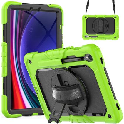 Mobigear SureGrip Xtreme Coque Samsung Galaxy Tab S9 Coque arrière en Plastique rigide,Silicone + Porte-crayon + Bandoulière + Support Amovible - Vert