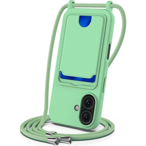 Mobigear Lanyard Card iPhone 16 Plus Coque avec cordon en Silicone et Porte-Cartes - Vert