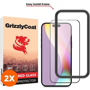 GrizzlyCoat Easy Fit iPhone 15 Plus Verre trempé Protection d'écran - Compatible Coque + Cadre d'installation - Noir (Lot de 2)