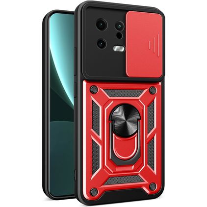 Mobigear Armor Ring Cam Slide Coque Xiaomi 13 Coque arrière Rigide Anti-Chocs avec Anneau-Support et Protecteur Lentilles - Rouge