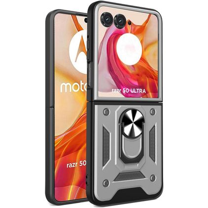 Mobigear Armor Ring Coque Motorola Razr 50 Ultra Coque arrière Rigide Anti-Chocs avec Anneau-Support - Argent