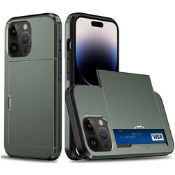 Mobigear Card Coque iPhone 15 Pro Max Coque arrière Rigide Anti-Chocs avec Porte-Cartes - Vert armée