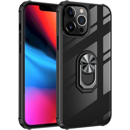 Mobigear Crystal Ring Coque iPhone 14 Pro Max Coque arrière Rigide avec Anneau-Support - Transparent / Noir