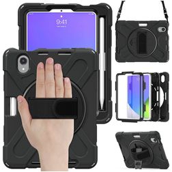 Mobigear SureGrip XGuard Coque iPad Mini 7 (2024) Coque arrière en Plastique rigide,Silicone + Porte-crayon + Bandoulière + Support Amovible - Noir