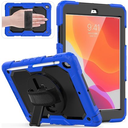 Mobigear SureGrip Xtreme Coque iPad 9 (2021) Coque arrière en Plastique rigide,Silicone + Porte-crayon + Bandoulière + Support Amovible - Noir / Bleu