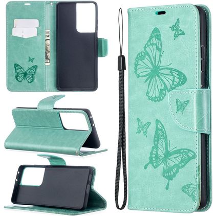 Mobigear Butterfly Samsung Galaxy S21 Ultra Étui Portefeuille - Turquoise