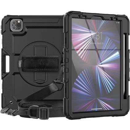 Mobigear SureGrip Xtreme Coque iPad Pro 11 Pouces (2024) Coque arrière en Plastique rigide,Silicone + Porte-crayon + Bandoulière + Support Amovible - Noir