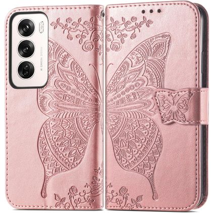 Mobigear Butterfly Housse OPPO Reno 12 Pro Etui Porte-Monnaie - Rose doré