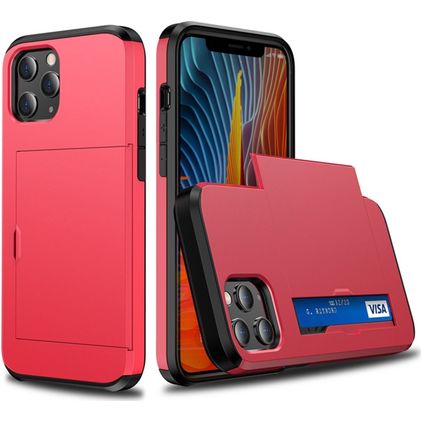 Mobigear Card Coque iPhone 12 Coque arrière Rigide Anti-Chocs avec Porte-Cartes - Rouge