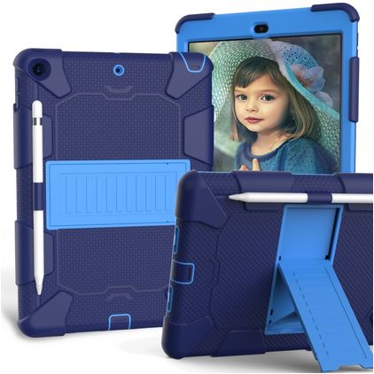 Mobigear ShieldStand Coque iPad 7 (2019) Coque arrière en Plastique rigide,Silicone + Porte-crayon + Support Amovible - Bleu