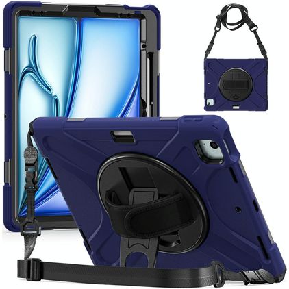 Mobigear SureGrip XGuard Coque iPad Air 13 Pouces (2025) Coque arrière en Plastique rigide,Silicone + Porte-crayon + Bandoulière + Support Amovible - Bleu Marin