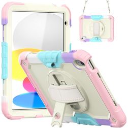 Mobigear SureGrip Xtreme Coque iPad 10 (2022) Coque arrière en Plastique rigide,Silicone + Bandoulière + Support Amovible - Rainbow