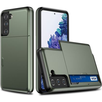 Mobigear Card Coque Samsung Galaxy S21 Plus Coque arrière Rigide Anti-Chocs avec Porte-Cartes - Vert armée