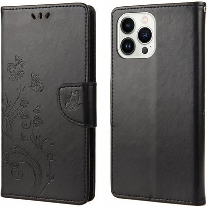 Mobigear Flowers Housse iPhone 14 Pro Max Etui Porte-Monnaie - Noir