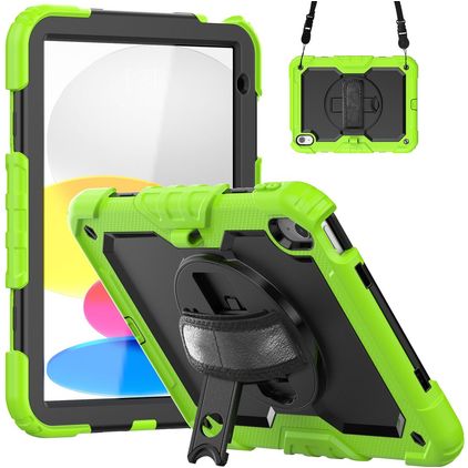 Mobigear SureGrip Xtreme Coque iPad 10 (2022) Coque arrière en Plastique rigide,Silicone + Bandoulière + Support Amovible - Noir / Vert