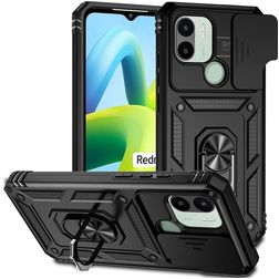 Mobigear Armor Ring Cam Slide Xiaomi Redmi A1 4G Plastique rigide Coque arrière Antichoc avec bague de maintien et cache caméra coulissant - Noir