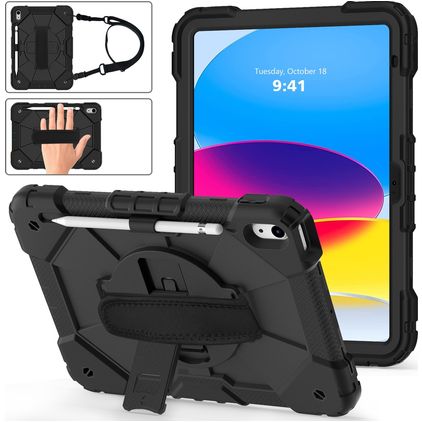 Mobigear SureGrip Xtreme Coque iPad 11 (2025) Coque arrière en Plastique rigide,Silicone + Bandoulière + Support Amovible - Noir