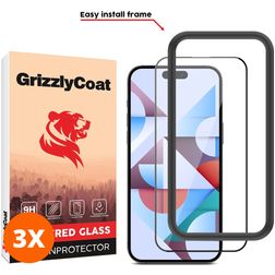 GrizzlyCoat Easy Fit iPhone 15 Pro Max Verre trempé Protection d'écran - Compatible Coque + Cadre d'installation - Noir (Lot de 3)