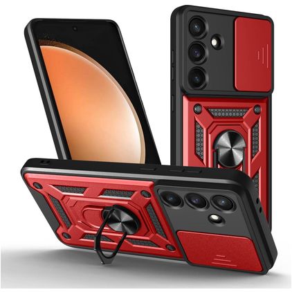 Mobigear Armor Ring Cam Slide Samsung Galaxy S26 FE Plastique rigide Coque arrière Antichoc avec bague de maintien et cache caméra coulissant - Rouge