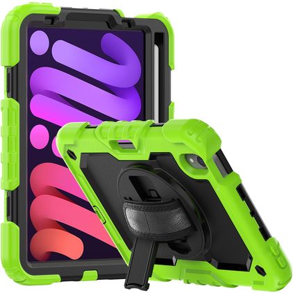 Mobigear SureGrip Xtreme Coque iPad Mini 6 (2021) Coque arrière en Plastique rigide,Silicone + Porte-crayon + Bandoulière + Support Amovible - Noir / Vert
