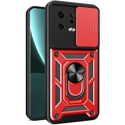 Mobigear Armor Ring Cam Slide Xiaomi 13 Plastique rigide Coque arrière Antichoc avec bague de maintien et cache caméra coulissant - Rouge