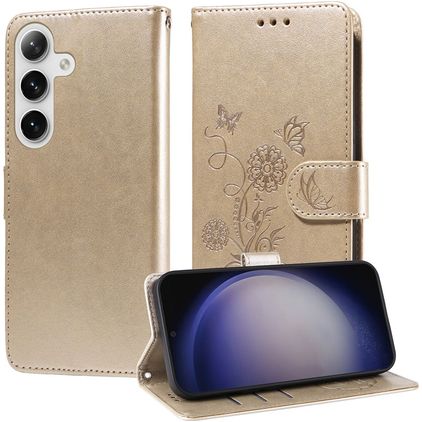 Mobigear Flowers Housse Samsung Galaxy S25 Plus Etui Porte-Monnaie - Or