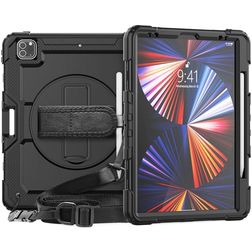 Mobigear SureGrip Xtreme Coque iPad Pro 12.9 Pouces (2022) Coque arrière en Plastique rigide,Silicone + Porte-crayon + Bandoulière + Support Amovible - Noir