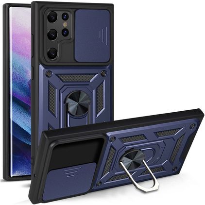 Mobigear Armor Ring Cam Slide Coque Samsung Galaxy S22 Ultra Coque arrière Rigide Anti-Chocs avec Anneau-Support - Bleu