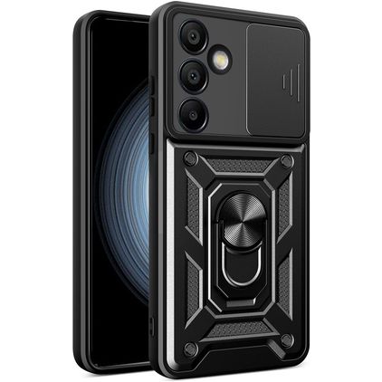 Mobigear Armor Ring Cam Slide Samsung Galaxy S24 FE Plastique rigide Coque arrière Antichoc avec bague de maintien et cache caméra coulissant - Noir