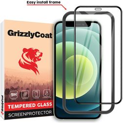 GrizzlyCoat Easy Fit iPhone 12 Mini Verre trempé Protection d'écran - Compatible coque + Cadre de pose - Noir