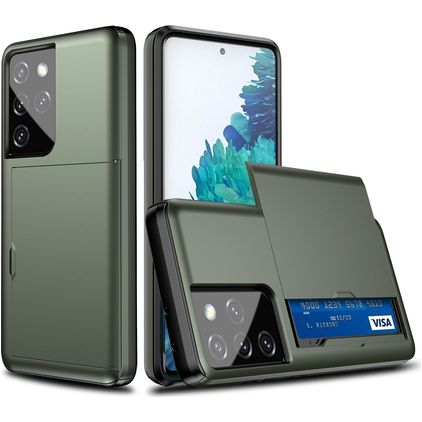 Mobigear Card Coque Samsung Galaxy S21 Ultra Coque arrière Rigide Anti-Chocs avec Porte-Cartes - Vert armée