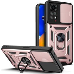 Mobigear Armor Ring Cam Slide Coque Xiaomi Redmi Note 11 4G Coque arrière Rigide Anti-Chocs avec Anneau-Support et Protecteur Lentilles - Rose doré