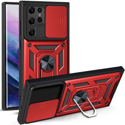 Mobigear Armor Ring Cam Slide Samsung Galaxy S22 Ultra Plastique rigide Coque arrière Antichoc avec bague de maintien - Rouge