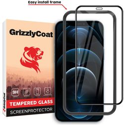 GrizzlyCoat Easy Fit iPhone 12 Pro Max Verre trempé Protection d'écran - Compatible Coque + Cadre d'installation - Noir