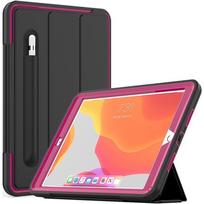 Mobigear Tri-Fold Folio Coque iPad 7 (2019) Etui en Plastique rigide,TPU + Porte-crayon - Noir / Magenta