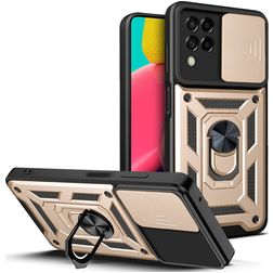 Mobigear Armor Ring Cam Slide Samsung Galaxy M53 Plastique rigide Coque arrière Antichoc avec bague de maintien - Or
