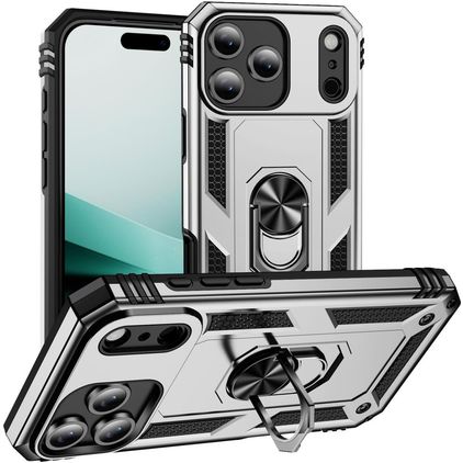 Mobigear Armor Ring Coque iPhone 18 Pro Coque arrière Rigide Anti-Chocs avec Anneau-Support - Argent