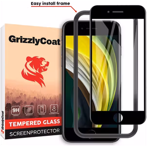 GrizzlyCoat Easy Fit iPhone 8 Verre trempé Protection d'écran - Compatible Coque + Cadre d'installation - Noir