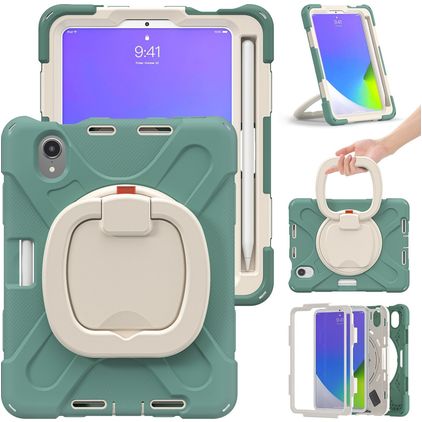 Mobigear RingGuard Coque iPad Mini 6 (2021) Coque arrière en Plastique rigide,Silicone + Porte-crayon + Bandoulière + Support Amovible - Vert
