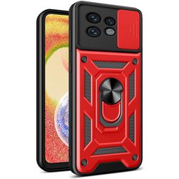 Mobigear Armor Ring Cam Slide Motorola Edge 40 Pro Plastique rigide Coque arrière Antichoc avec bague de maintien et cache caméra coulissant - Rouge