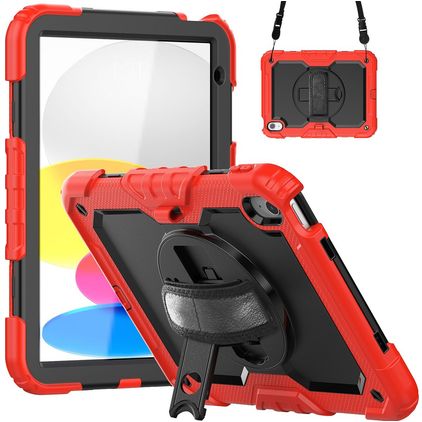 Mobigear SureGrip Xtreme Coque iPad 10 (2022) Coque arrière en Plastique rigide,Silicone + Bandoulière + Support Amovible - Noir / Rouge