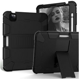 Mobigear ShieldStand Coque iPad Air 5 (2022) Coque arrière en Plastique rigide,Silicone + Porte-crayon + Support Amovible - Noir
