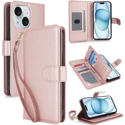 Mobigear Wallet Housse iPhone 15 Etui Porte-Monnaie - Rose doré