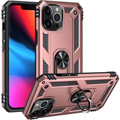 Mobigear Armor Ring Coque iPhone 14 Pro Max Coque arrière Rigide Anti-Chocs avec Anneau-Support - Rose doré