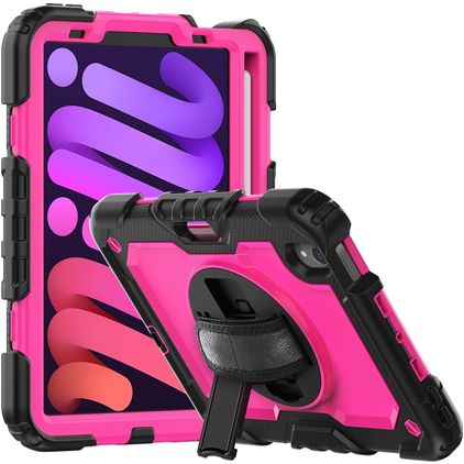 Mobigear SureGrip Xtreme Coque iPad Mini 6 (2021) Coque arrière en Plastique rigide,Silicone + Porte-crayon + Bandoulière + Support Amovible - Noir / Rose