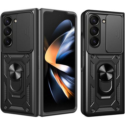 Mobigear Armor Ring Cam Slide Coque Samsung Galaxy Z Fold 7 Coque arrière Rigide Anti-Chocs avec Anneau-Support et Protecteur Lentilles - Noir