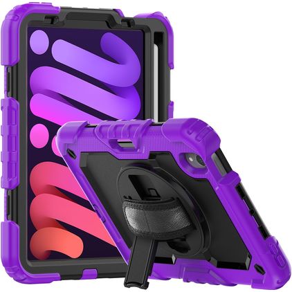 Mobigear SureGrip Xtreme Coque iPad Mini 6 (2021) Coque arrière en Plastique rigide,Silicone + Porte-crayon + Bandoulière + Support Amovible - Violet