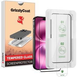 GrizzlyCoat AlignPro iPhone 16 Verre trempé Protection d'écran - Compatible coque + Cadre de pose - Noir
