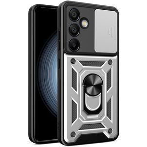Mobigear Armor Ring Cam Slide Coque Samsung Galaxy S24 FE Coque arrière Rigide Anti-Chocs avec Anneau-Support et Protecteur Lentilles - Argent